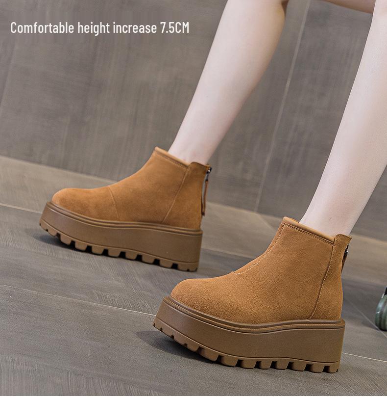 2024 Autumn/Winter Women's Thick-Soled Cow Suede Ankle Boots: Versatile, Height-Increasing, Warm Martin Style