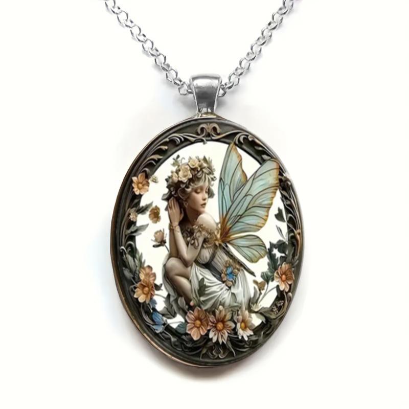 A vintage-style angel fairy round pendant necklace with a dreamy flower fairy time gemstone design, suitable for both men and women.