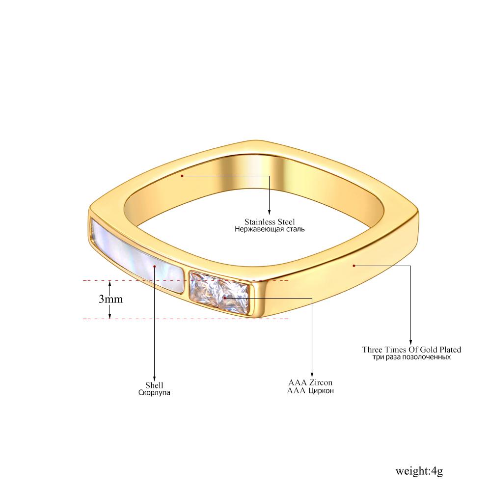 JeeMango Titanium Stainless Steel Geometric Square Cubic Zirconia Rings 18K Gold Plated Bohemia Shell Ring For Women R21028