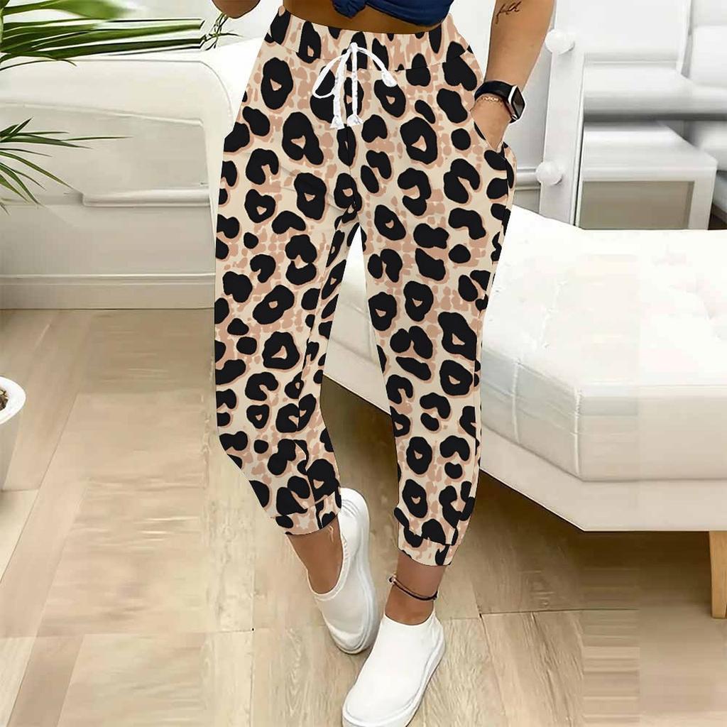 Summer Ladies Leopard Print Printed Sweatpants Loose Fit Drawstring Joggers Elastic Cuff Daily Casual Pants