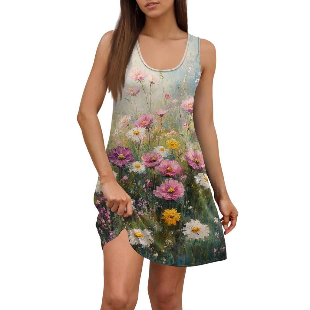 Damen Sommerkleid, lässig, quadratischer Ausschnitt, Blumendruck, ärmellos, mit Taschen