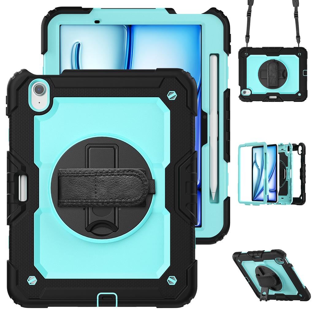 For iPad Air 11 (2025)/(2024) Case Rotating Kickstand PC+Silicone Tablet Cover with Screen Film/Shoulder Strap