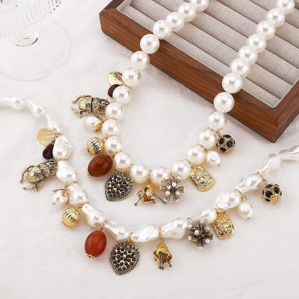 Retro Pearl & Sweet Pea Heart Beetle Necklace - Elegant Statement Clavicle Jewelry for Women