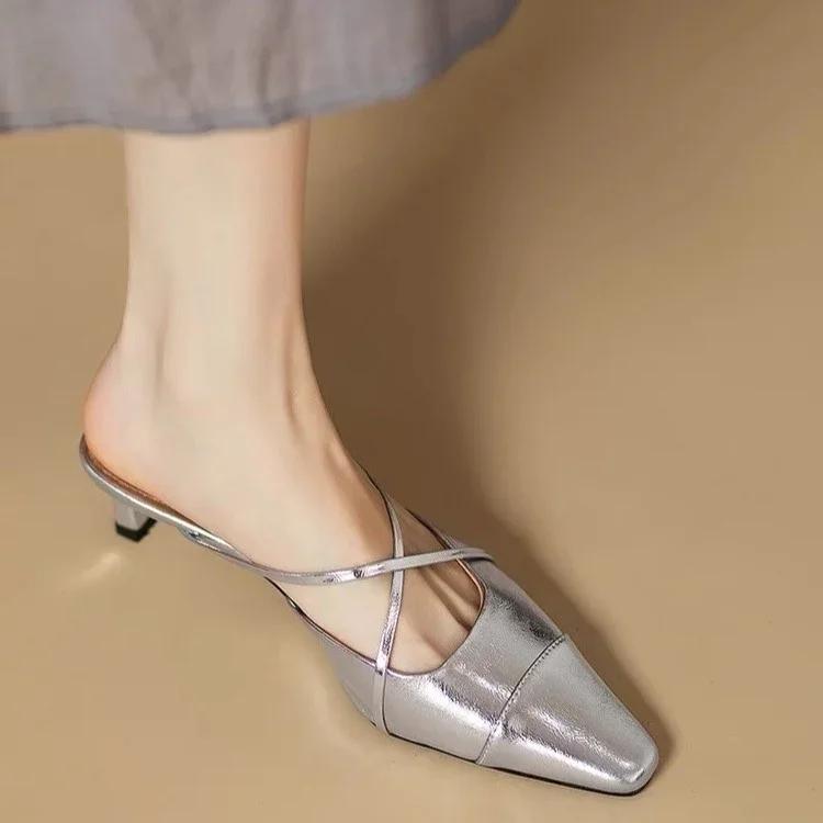 Fashion 2025Women Summer New Thick Heel Middle Heel   High End  Silver  Half Slippers