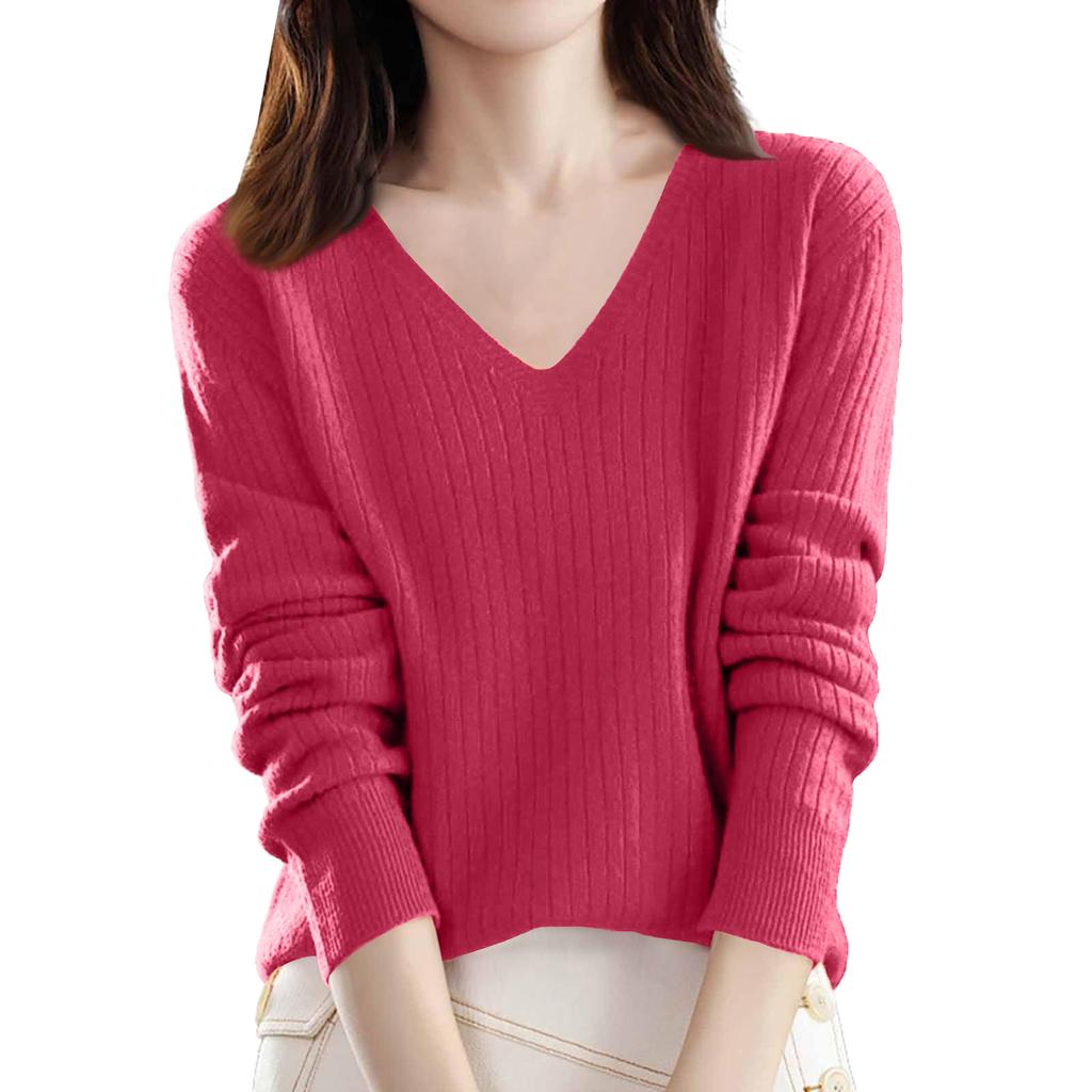 Women's Loose-Fit Knitted Base Layer Sweater V-Neck Pullover Long Sleeves Solid Colour