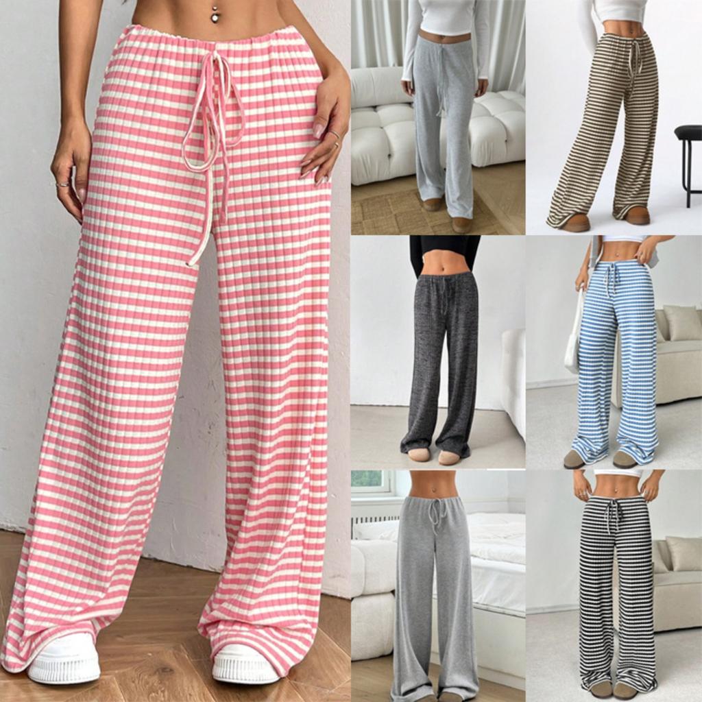 Women's Clothing, New Styles, Casual Pants, Striped, Solid Color, Elastic, Drawstring, Cotton, Straight Leg Pants