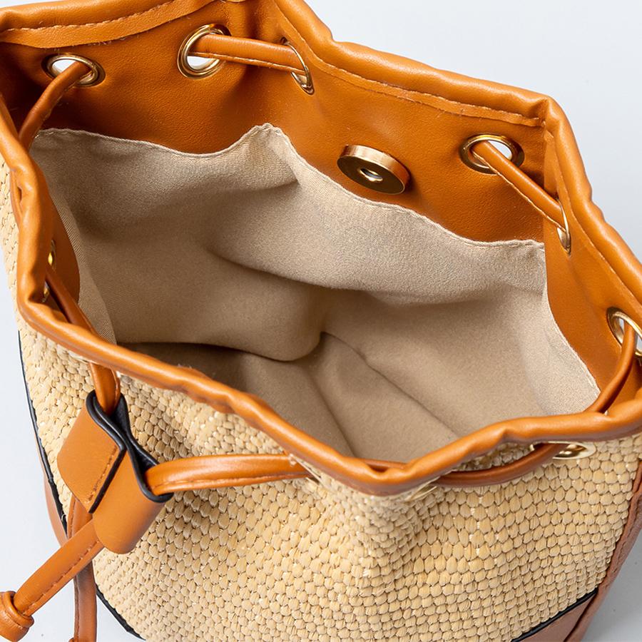 Damen PU-Leder und Stroh Eimerbeutel breiter genähter Henkel Kordelzug Reisetaschen handgefertigt neu