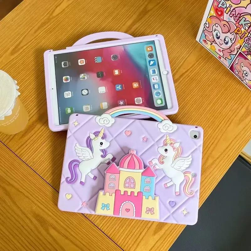 Kids Case for Ipad Pro Mini Air Redmi Pad and Samsung Galaxy Tab A7 Lite T220 A8 X200 A9 X110  A9+ X210 Castle Unicorn Cover with Telescopic Stand