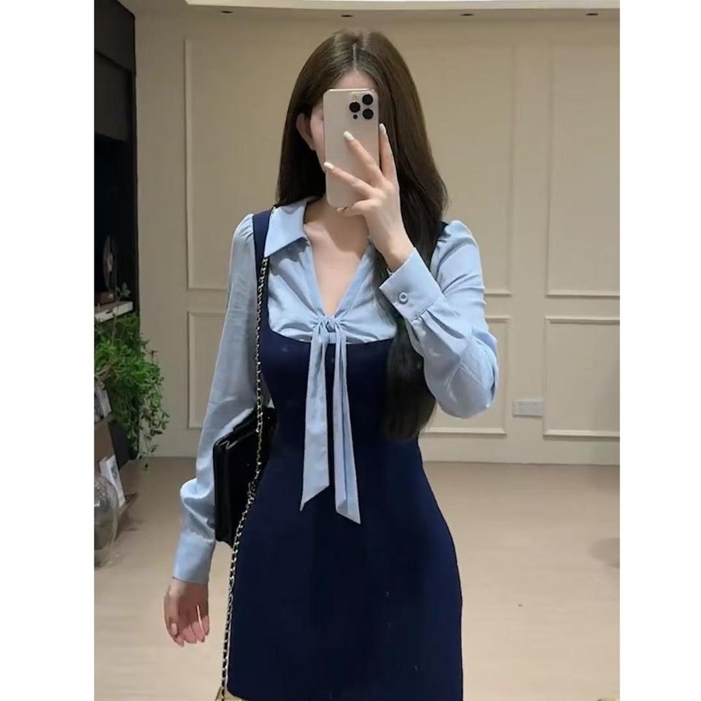 Large size fat MM fake two-piece long-sleeved dress women's autumn college style waist and thin age-reducing shirt skirt short skirt