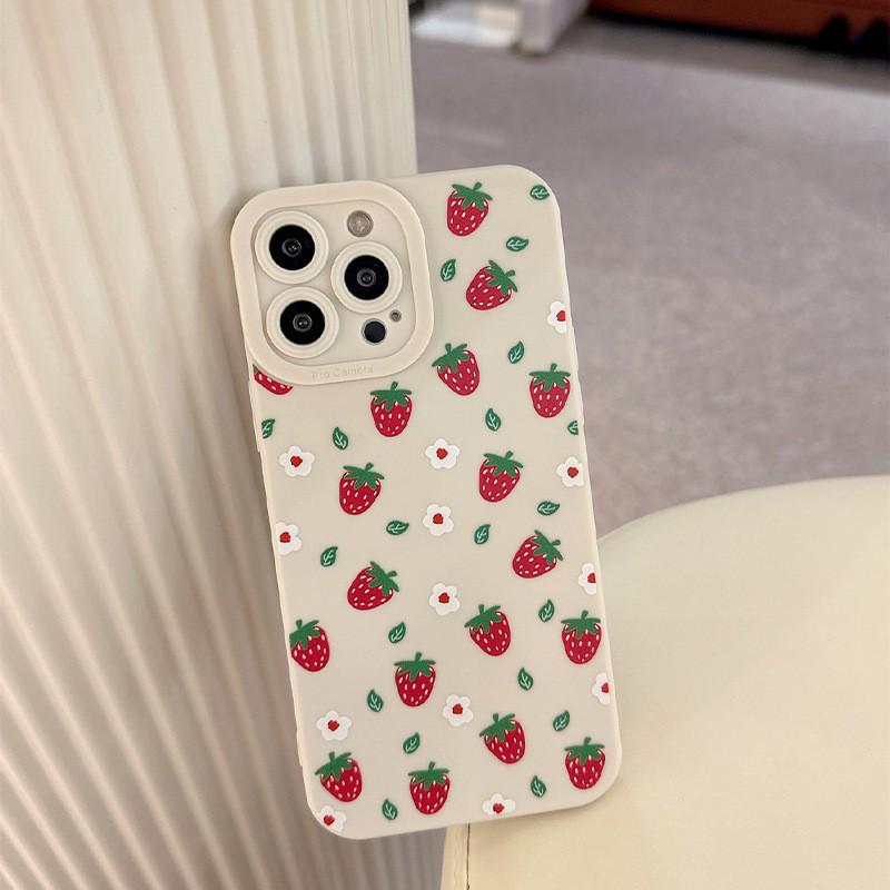 

White Flower Strawberry iPhone Case for Models 12-16 Pro Max & SE iPhone 16 Pro