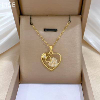 Empty Multiple Hearts Light Luxury Temperament Gorgeous Full Diamond Necklace Female Versatile Collarbone Chain Titanium Steel Chain