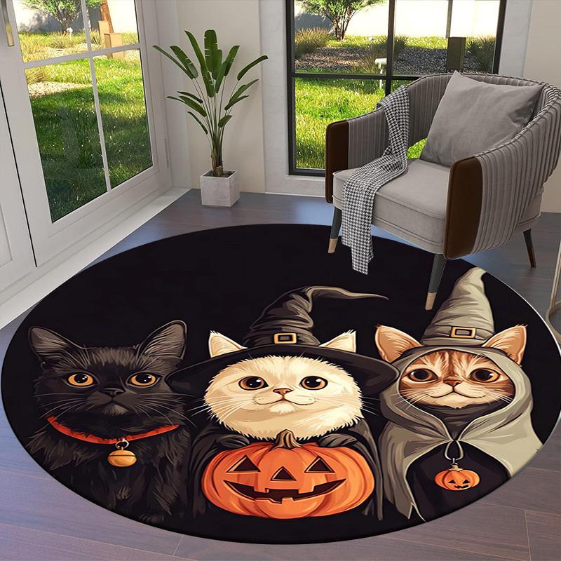 1pc Halloween cats in witch costumes with pumpkin. Round carpet, Made of Polyester,Perfect for Decorating Office Chairs, Living Rooms fplt558