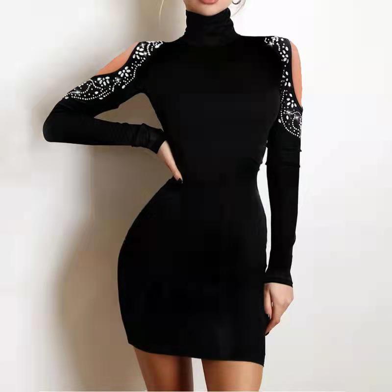 

Fashion Style Spring and Autumn New Arrival Black Fashion Slim Fit Sexy Hot Rhinestone off-Shoulder Turtleneck Long Sleeves Dress Women Dress Black S