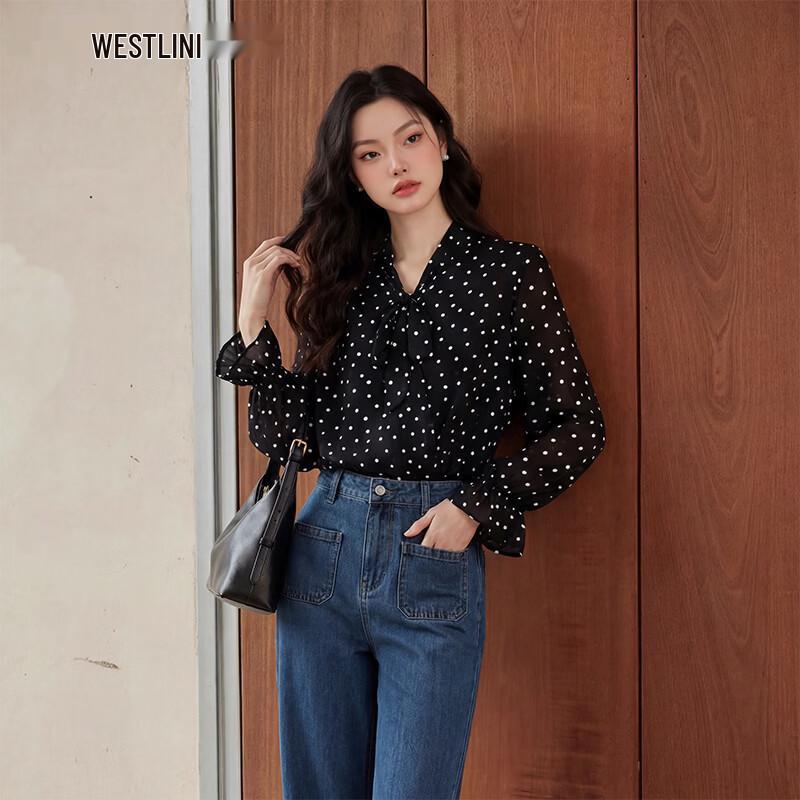 Westlink French Polka Dot Tie-Neck Chiffon Blouse M