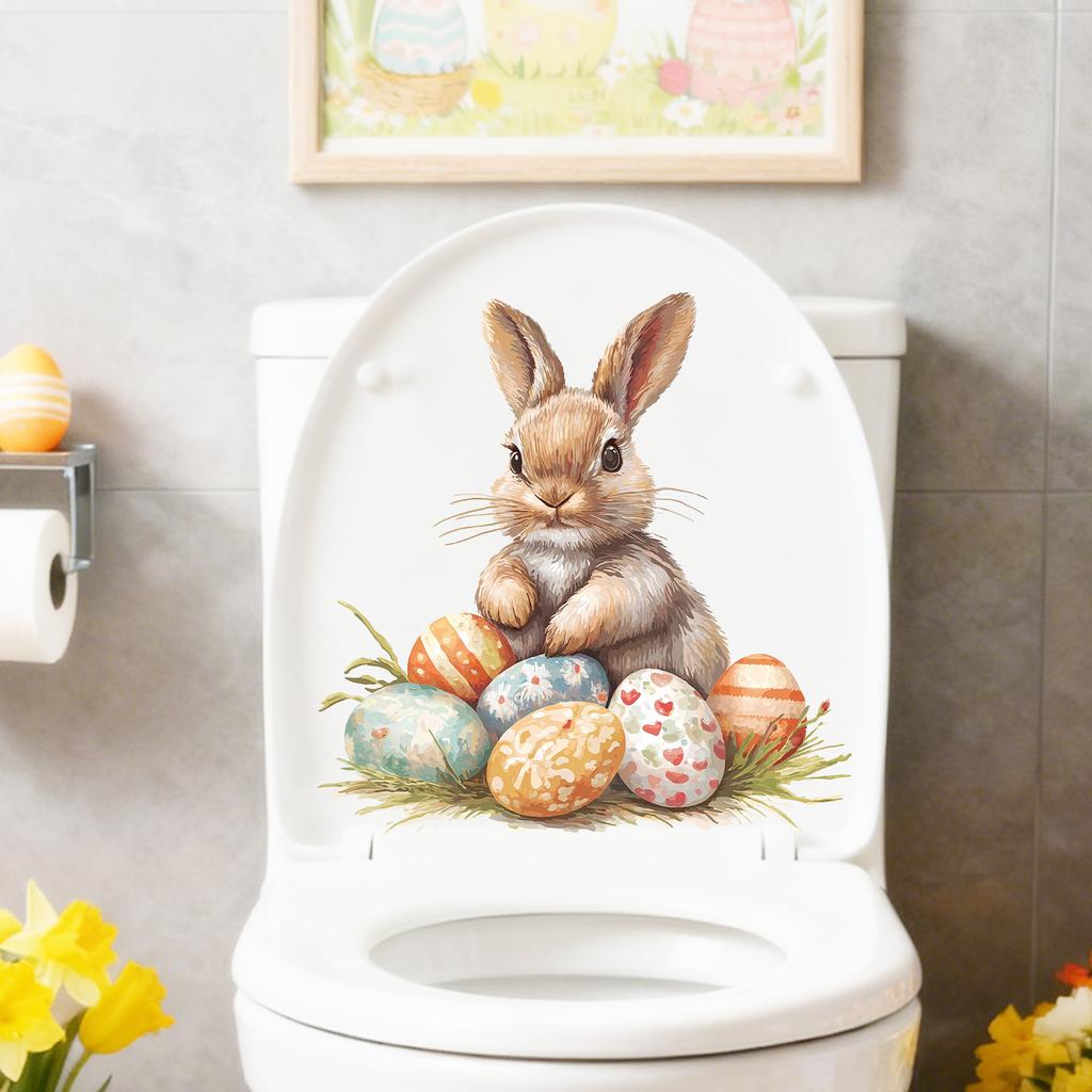 Cartoon Easter Bunny Easter Egg Bathroom Toilet Flower Self-adhesive Wall Sticker