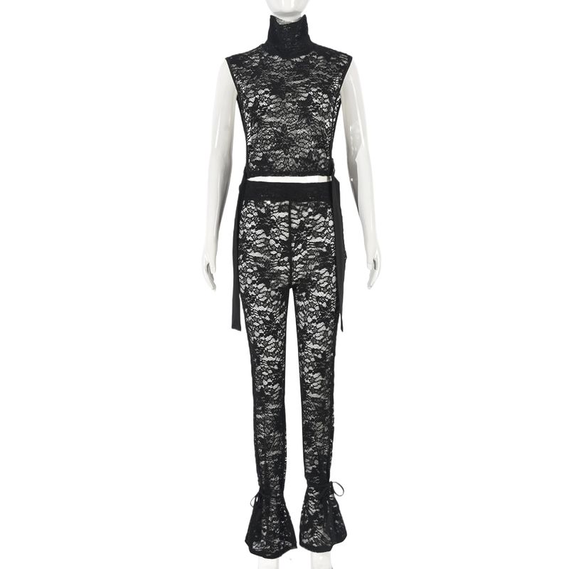 

Сексуальный стиль Мода Чистое желание Сексуальное кружево сбоку Открытый вырез Жилет 51032 Брючный костюм с высокой талией и ремешками и брюками-клеш Женский Black(Height above 165) L