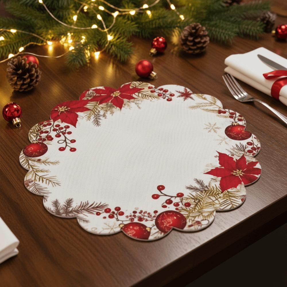 6pcs Easy Clean Red Berry Mat Heat Resistant Scalloped Dining Decor Holiday Dinner Mat Home Dining