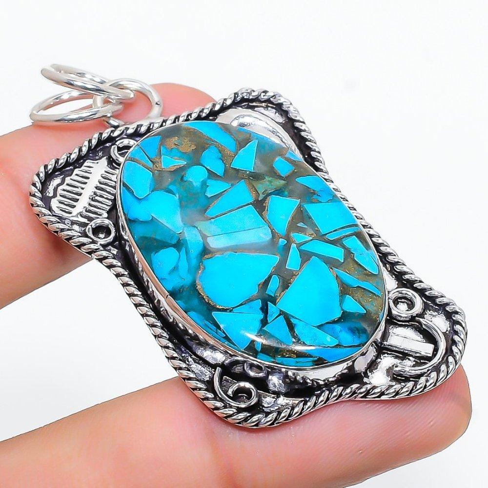 Pendente in Argento Sterling 925 con Pietra Preziosa Turchese Blu Rame Naturale 2,40" v3o15