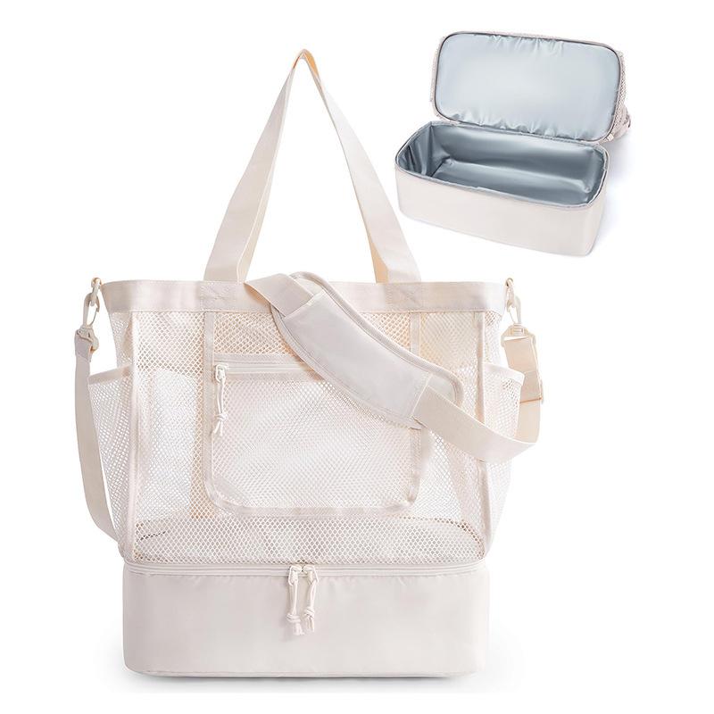 Sandproof Beach Tote Bag Multi-Pocket Mesh Transparent Bag Double-layer Heat Preservation Foldable Lightweight Picnic Beach Bags бежевый