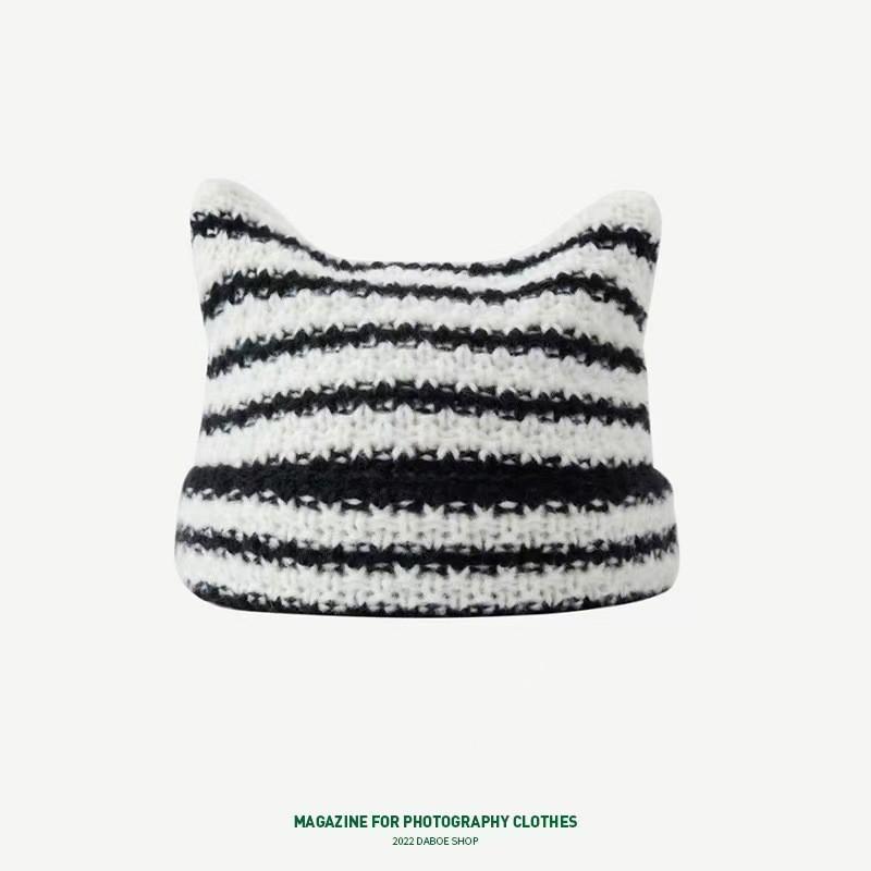 Cute Cat Ear Beanie Women Warm Knit Hat With Ears Slimming Face Effect Winter Accessory