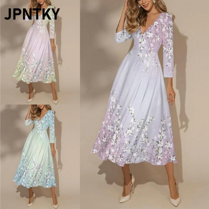 JPNTKY Fashion Summer Spring 3/4 Sleeves V-Neck Casual Dresses