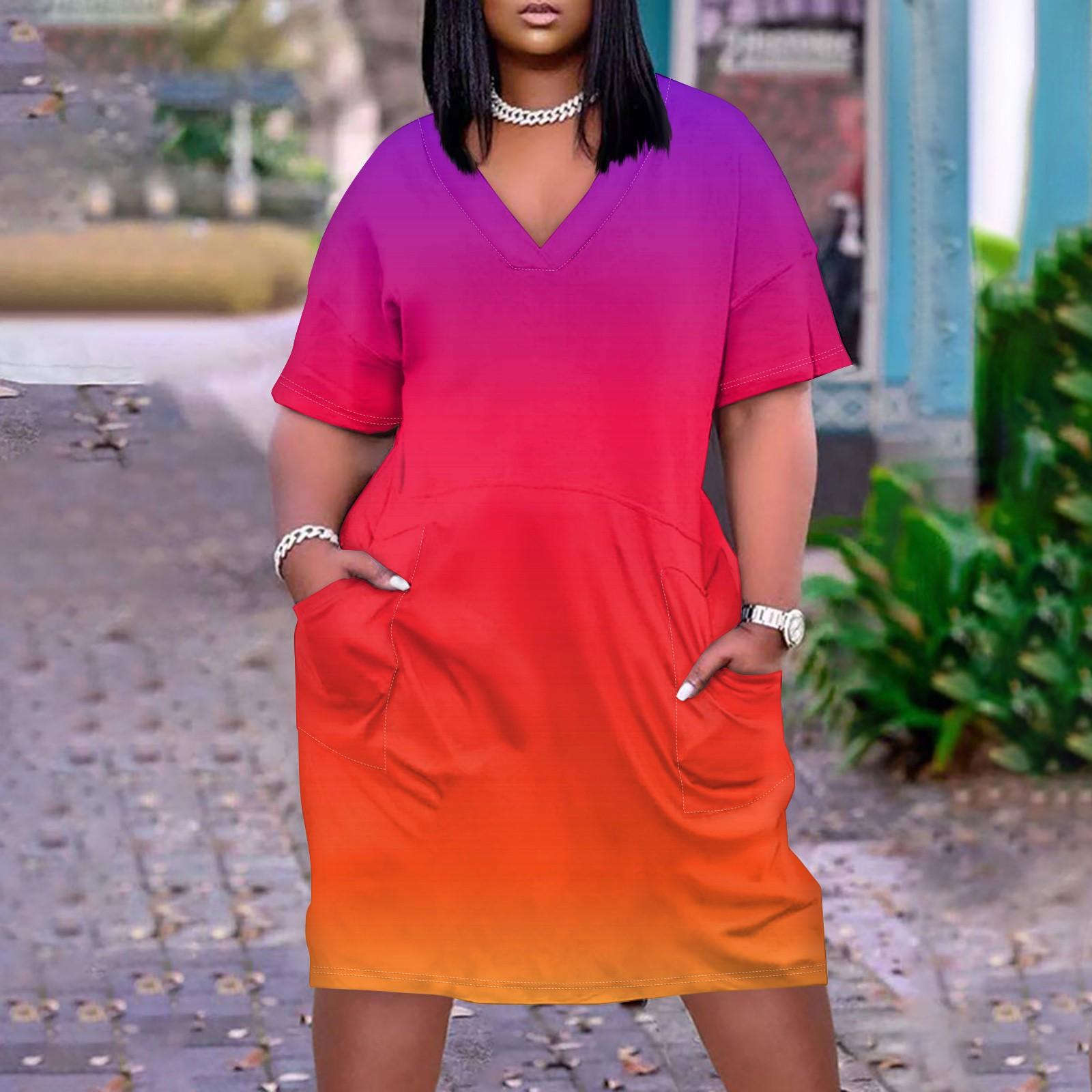 

Лето плюс размер V-образным вырезом с коротким рукавом и карманом до колена с градиентным принтом повседневное платье для женщин XL