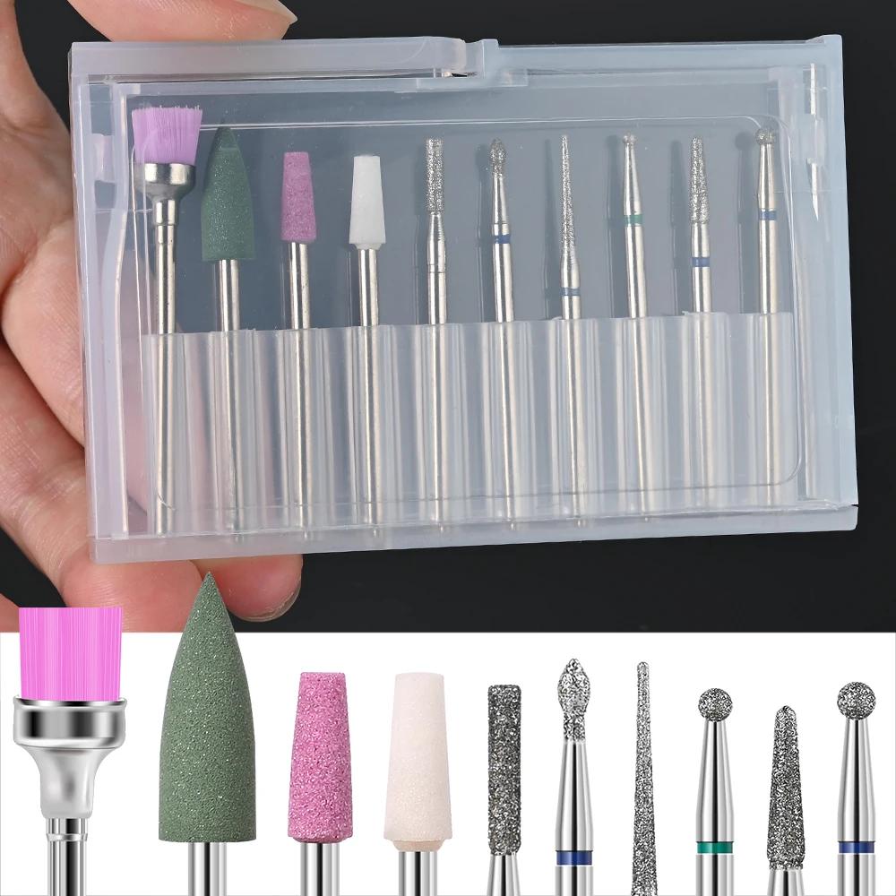 10pcs Nail Polishing Bits Set  Ceramic & Tungsten Nail Grinding Head Sand Cuticle Pusher Nail Drill Bit Manicure Tools Salon Use