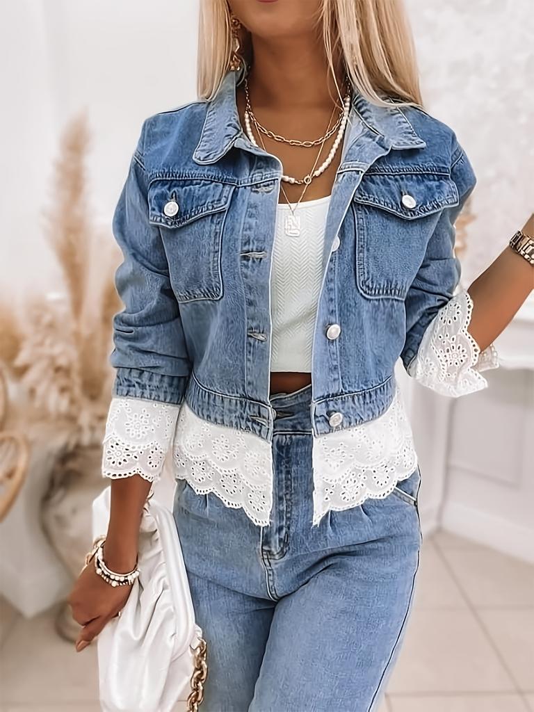 Veste en jean pour femme à col rabattu et manches longues Coupe droite Poignets et ourlet assemblés en dentelle à œillets Non extensible Streetwear Veste courte