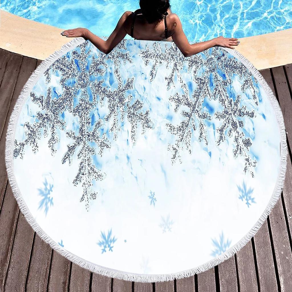 Weihnachten Runder Strandtuch Girly Romantisches Schneeflocken Handtuch Kreis Prinzessin Winter Stranddecke Weiche Poolhandtücher Picknickmatte