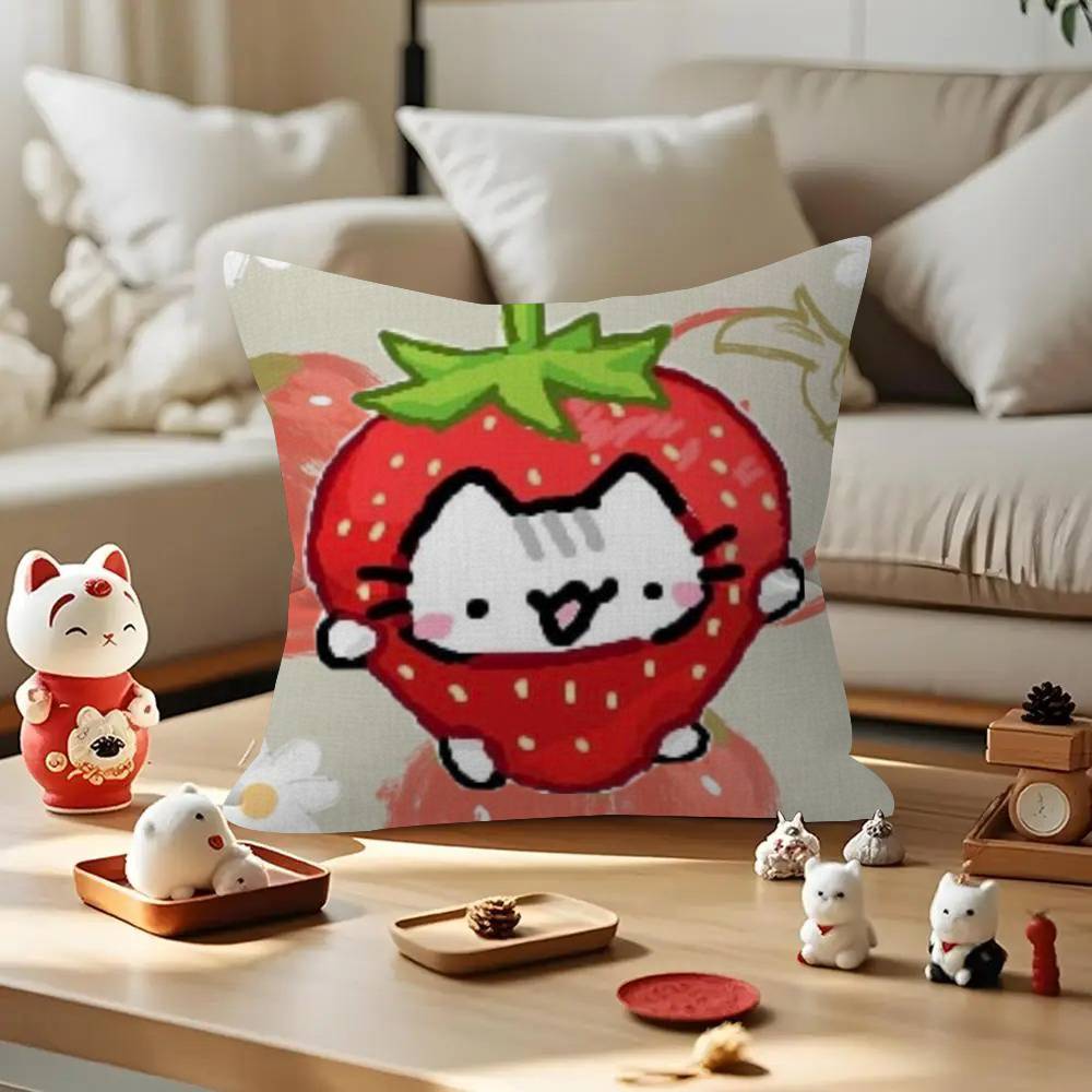 Cute Strawberry Cat   Personalized Pillow Cover Kids Bedroom Wild Party Decor Pillowcase kid Birthday shower Gift