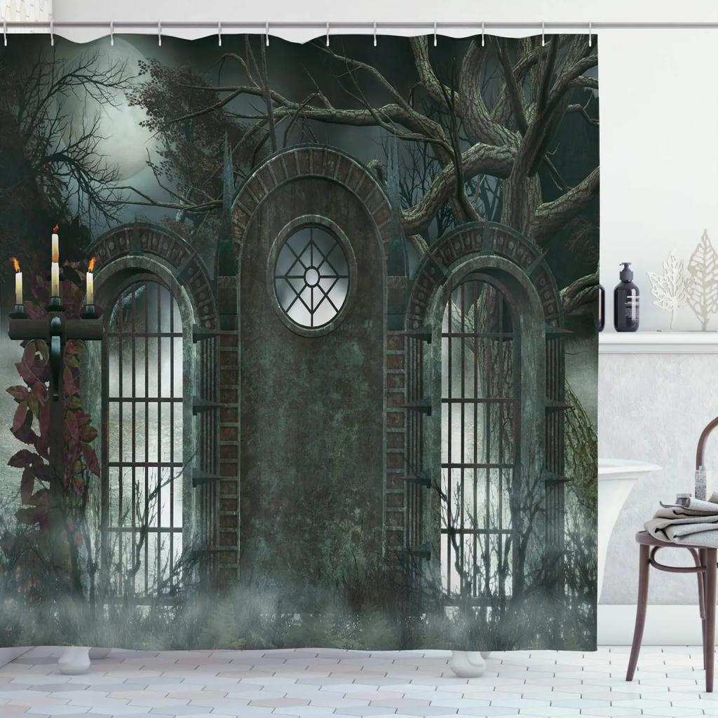 Tenda Doccia Gotica Sala Mistica Oscura con Colonne e Cupola Edificio Santuario Illustrazione Tessuto Stoffa Arredo Bagno con Ganci