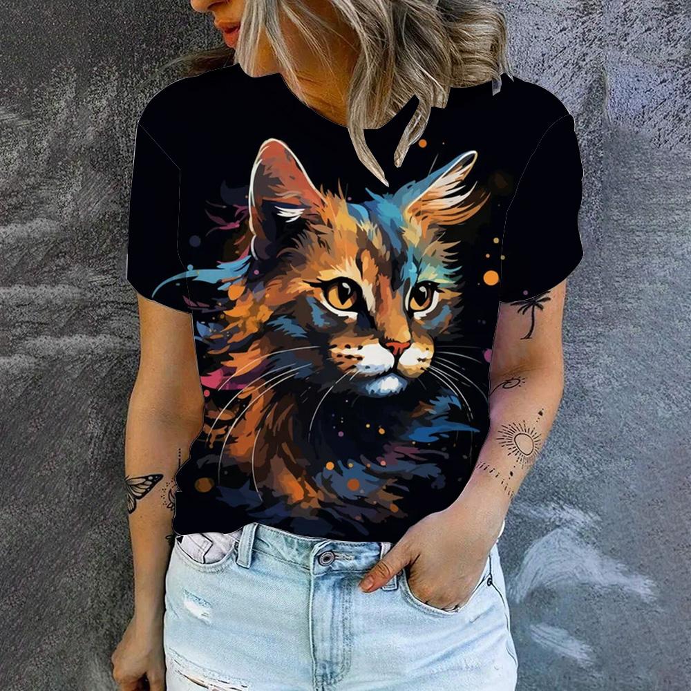 Women's High Quality T-shirt Cartoon Cat Pattern Print T-shirt Fashion Print T-shirt Elegant Women's Short Sleeved T-shirt