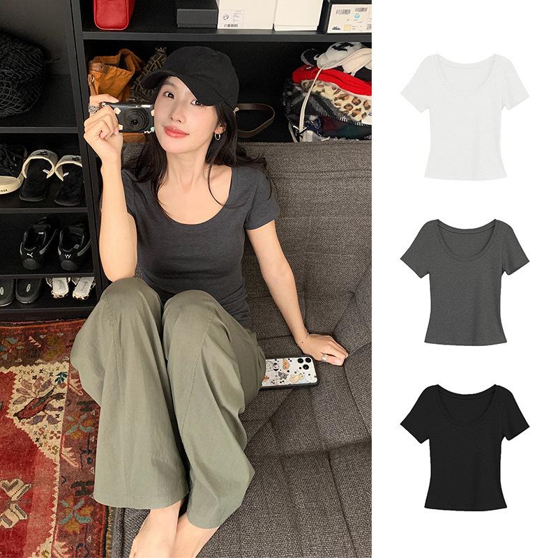 U-neck Slim-fitting Short-sleeved T-shirt for Women, Summer New Korean Waist-pinching and Thin Fashion Tops Are Trendy