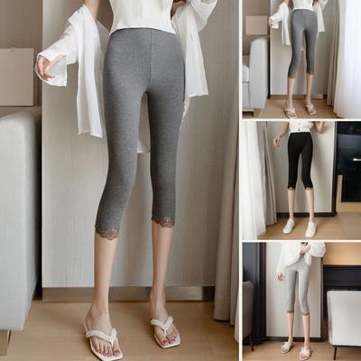 Women Cropped Leggings Elastic Tight Fit High Waist Lace Splice