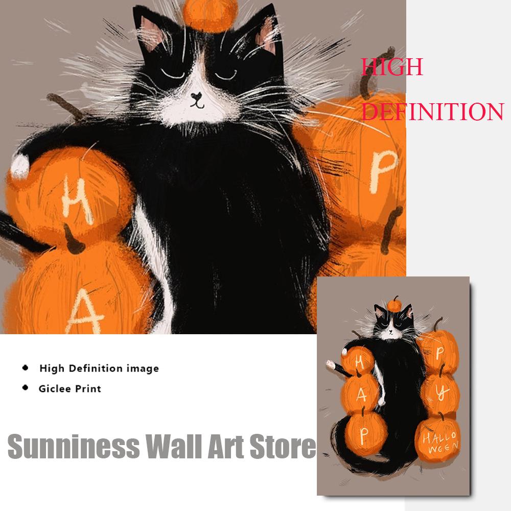 Funny Halloween Black Cat Autumn Wall Art Canvas Painting Nordic Posters And Prints Pumpkin Wall Pictures for Kids Room Decor