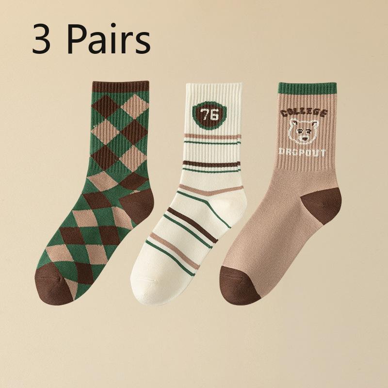 3 Pairs of Women Retro Trend Assorted Cartoon Letter Diamond Sports Warm Sweat Absorption Tube Socks