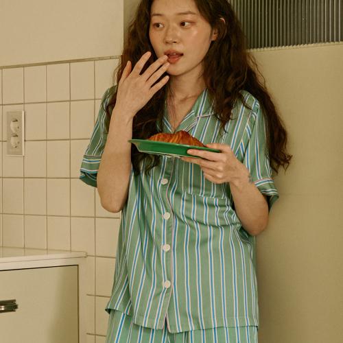 

[Bowell] Day Off Viscose 100% Pajama Short-Sleeve Set Green Stripe 3-Piece [BWTZ] [Shipped from Korea] 100% Authentic W (M~L )