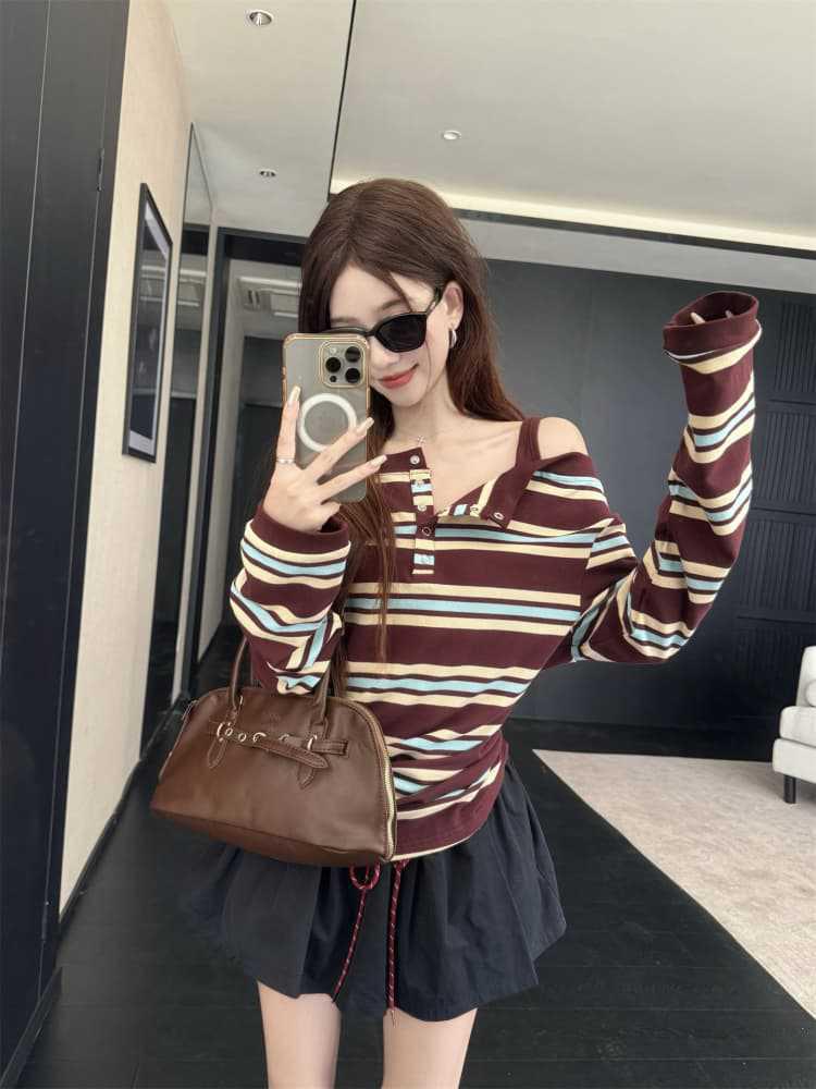 Korean Style One-Shoulder Contrast Stripe Patchwork Long-Sleeve T-Shirt with Spaghetti Straps for Women - Spring/Autumn Chic Top