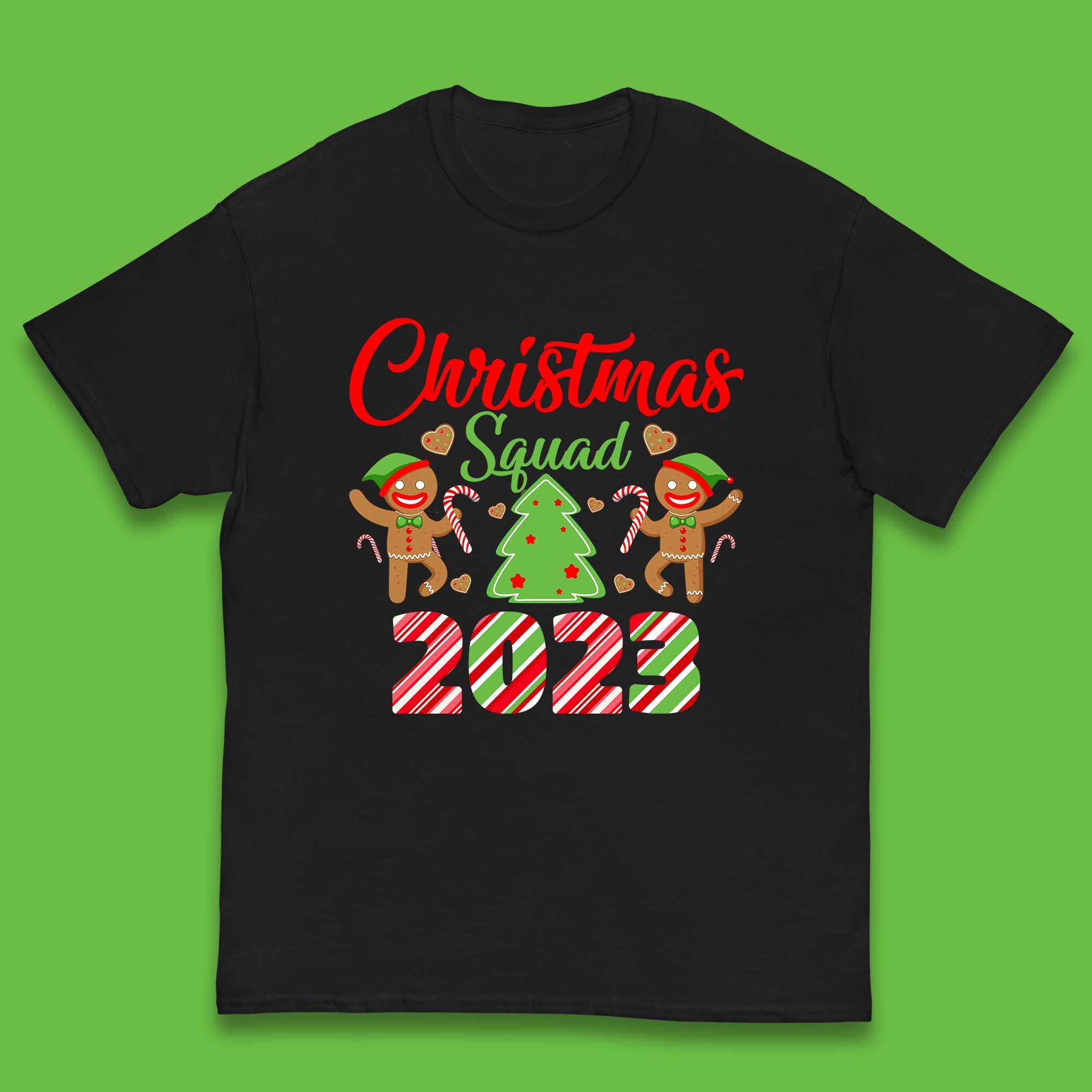 Christmas Squad 2023 Christmas Tree Xmas Gingerbread Man with Candy Cane Kids T Shirt 140