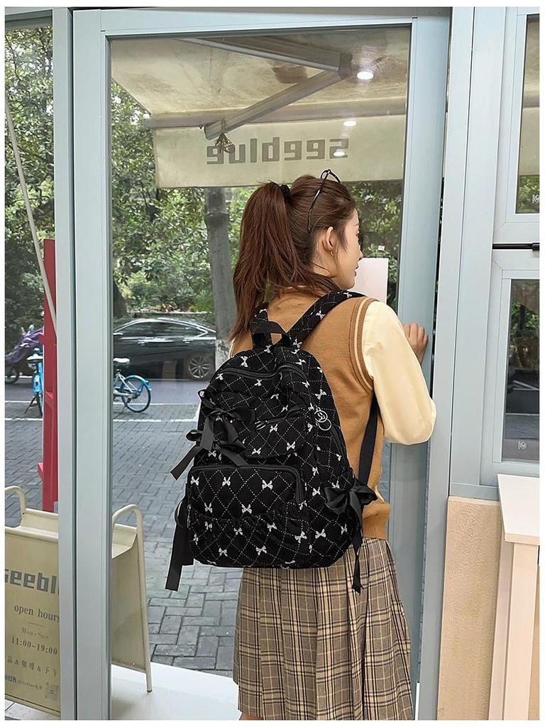 Bow Print Backpack for Junior/Senior High School, Versatile Casual Double-Compartment Student Bag
