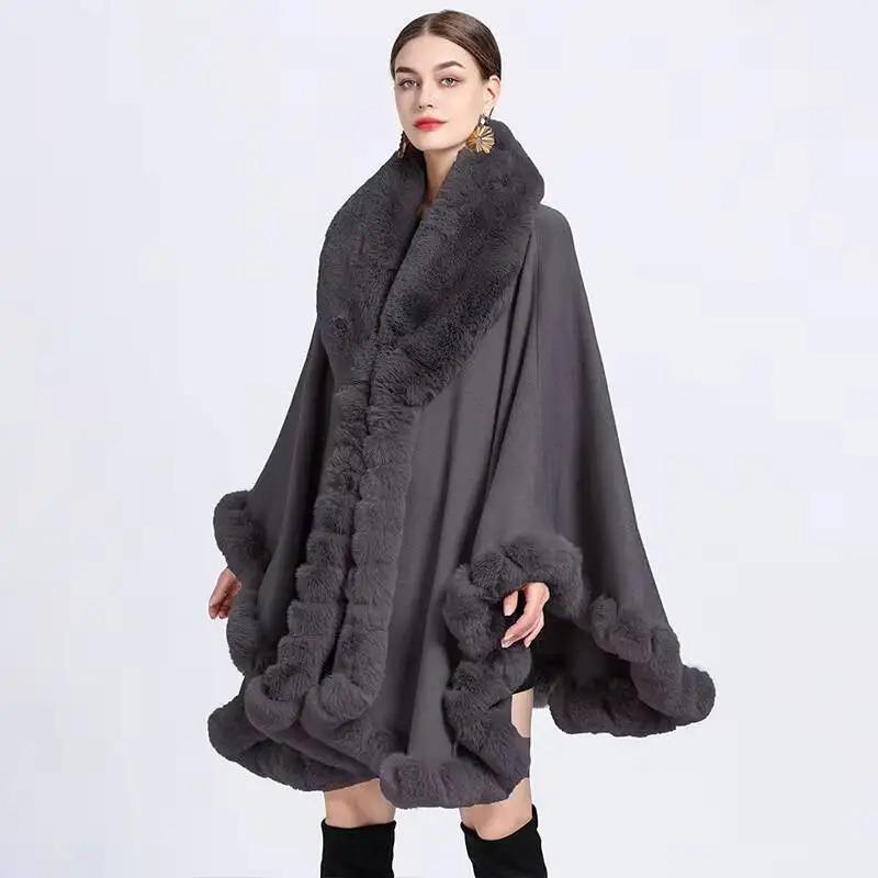 Cape en Fourrure Femme Vêtements d'Hiver Ponchos Épais et Chauds Châle Shawl Manteau Cardigan Longs Amples Manteaux