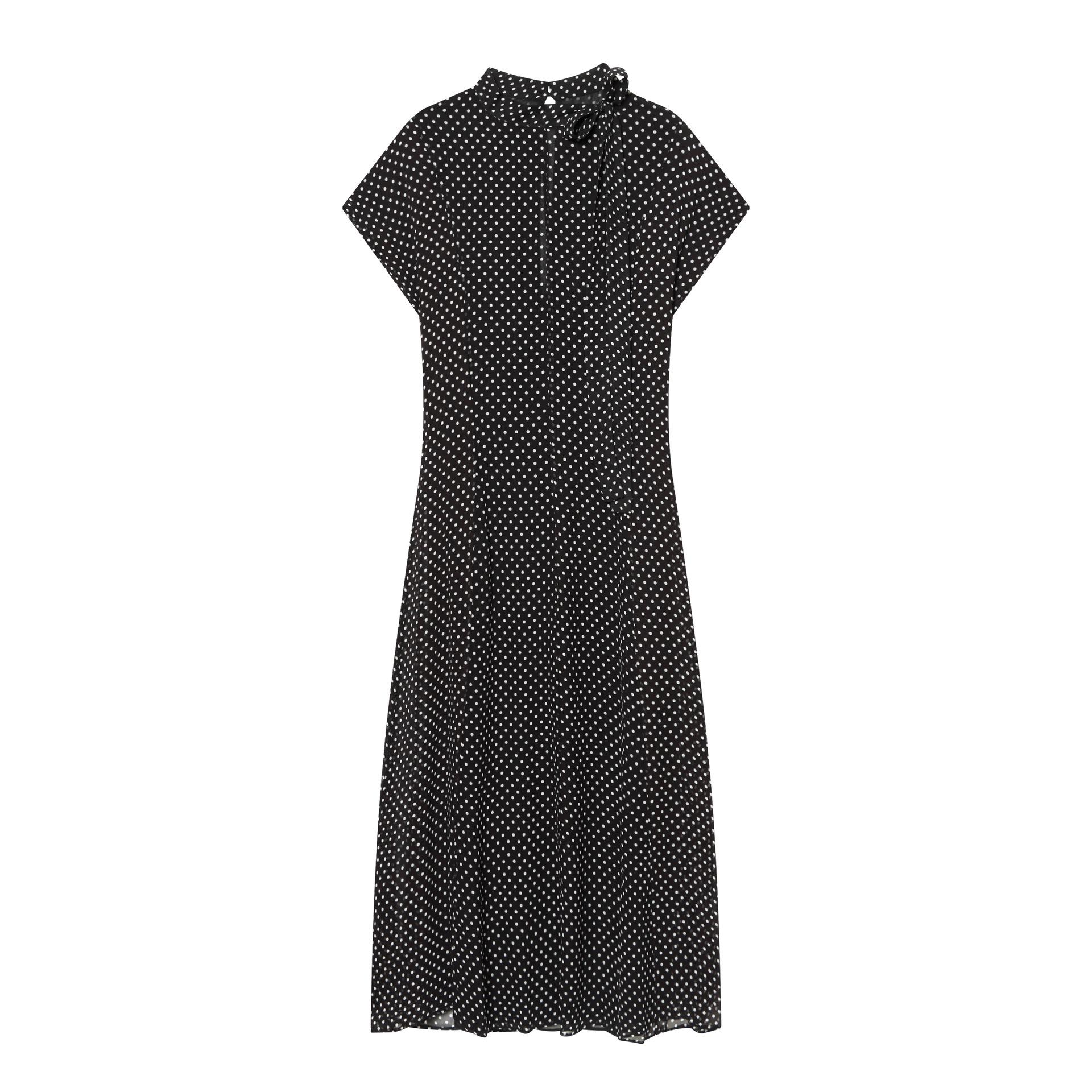 European Style Polka Dot Midi Dress with Bow - Spring 2026 Women s Fashion Medium