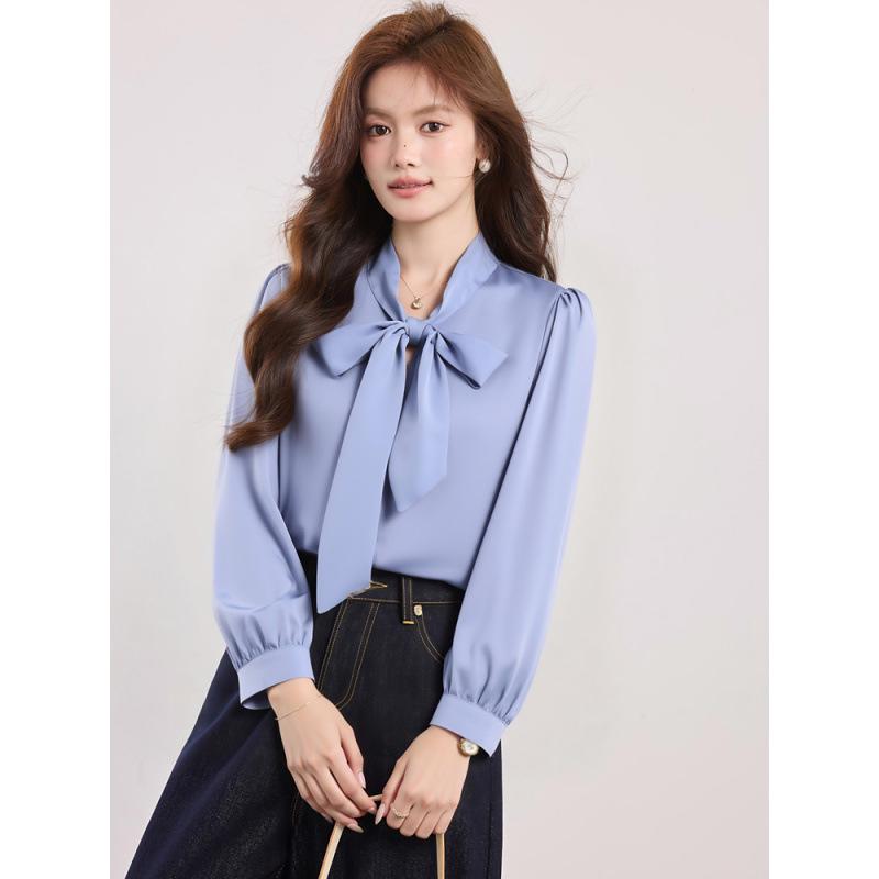 

Autumn 2025 Women s Sweet Chiffon Blouse with Puff Sleeves & Bow V-Neck 2XL