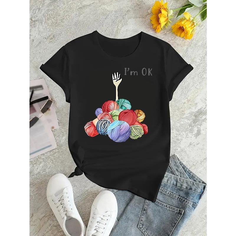 European Sizes Casual Crew Neck T-Shirt with Yarn Ball & Hand Graphic - Polyester & Spandex Blend Knit Fabric, Geometric Pattern Print