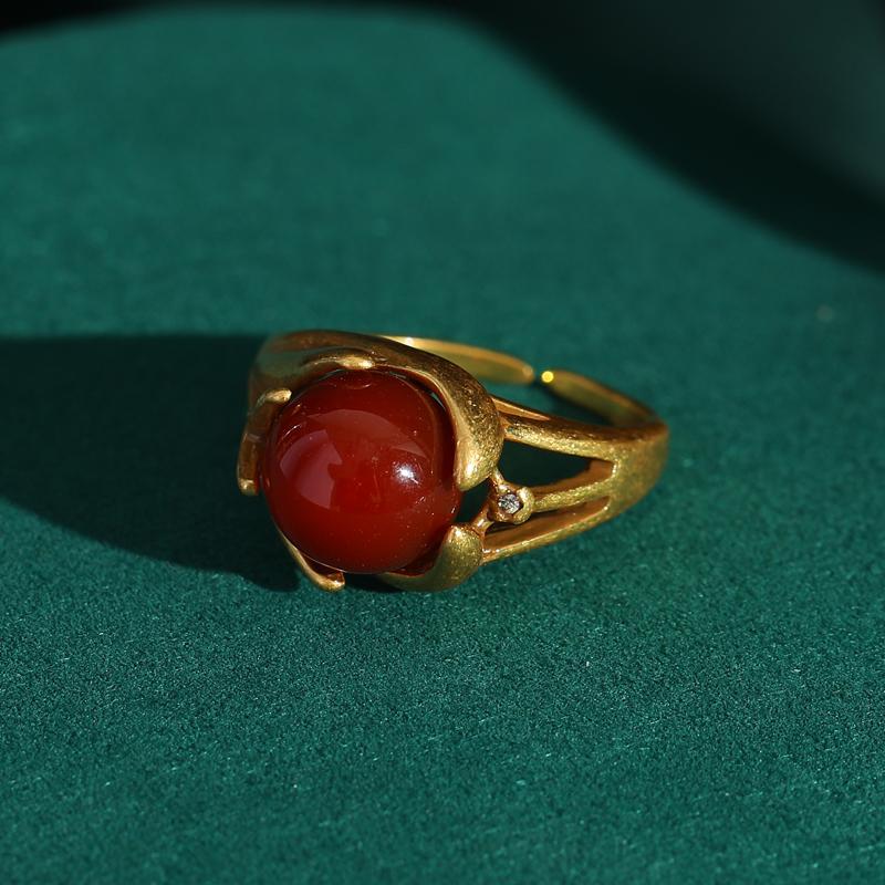 Vintage Rings Red Natural Stones for Woman Round Shape Luxury Antique Copper Hand Finger Jewelry Girls Fashion Items 2024 New In