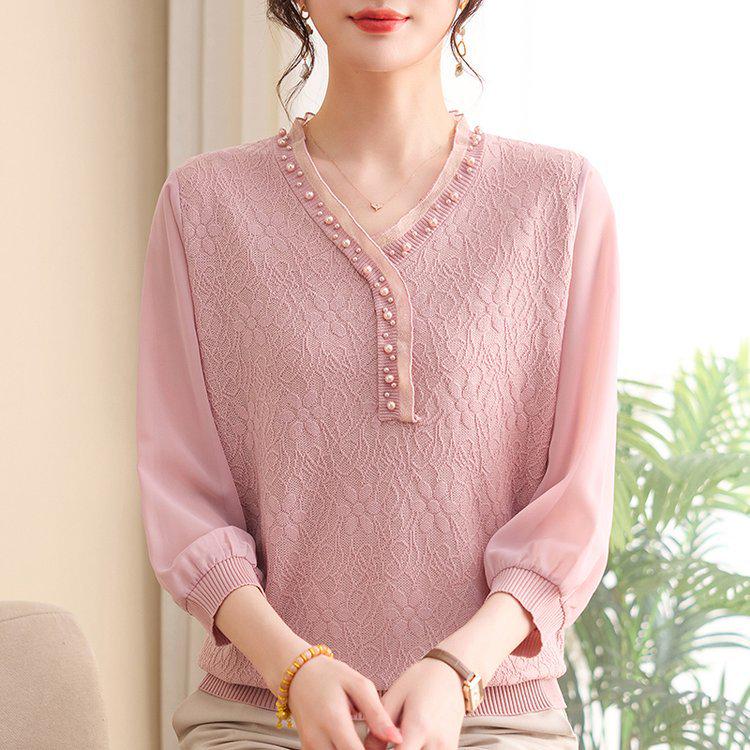 

Chic Pearl-Embellished Lace Patchwork Loose T-shirt for Mature Women 3XL (120-135 jin) рожевий