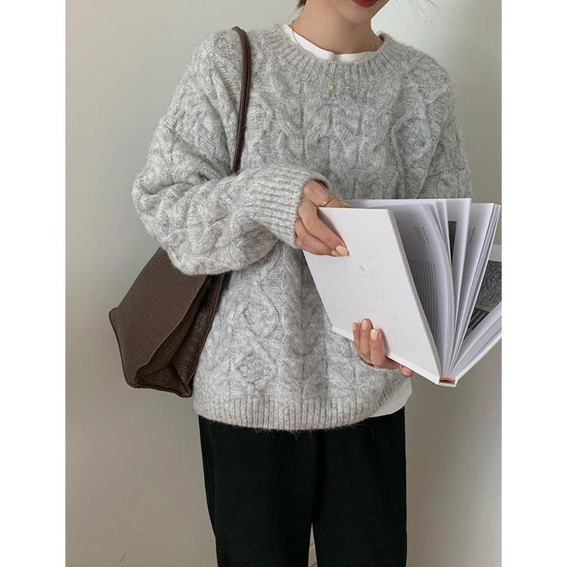Autumn and winter twist pullover crew neck sweater women's soft waxy lazy wind loose thickened knitted top