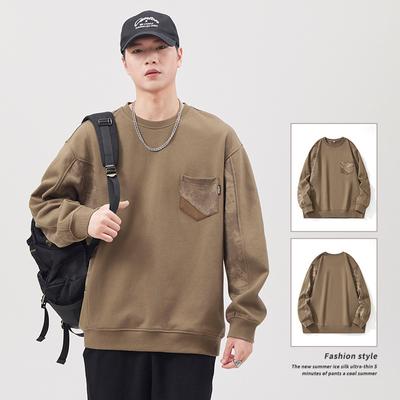 Autumn Trendy Brand Retro Splicing Sweater Men'S Loose Large Size 410G Heavy Round Neck Jacket Casual Sports Top