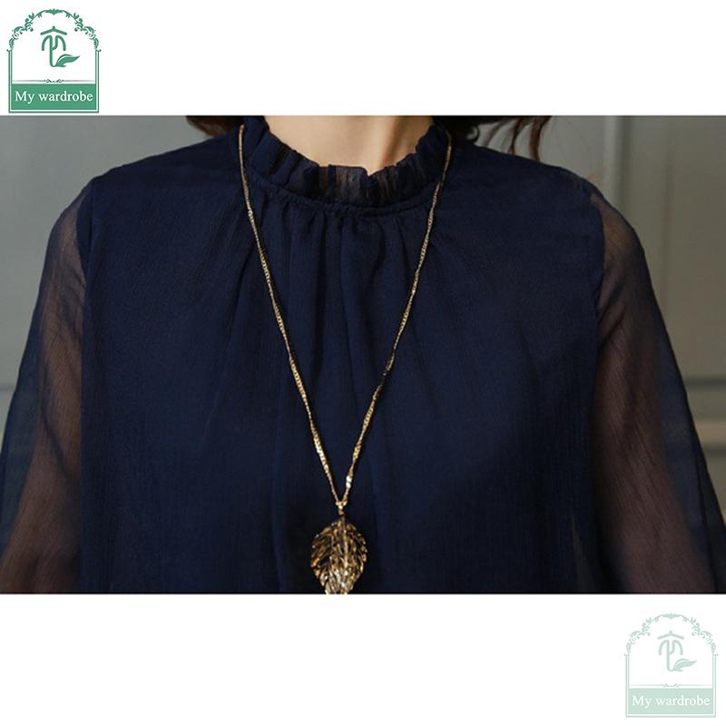 Lace Chiffon Shirt for Women Long-sleeved Shirt Ruffled Shirt Sexy Plus-size Top with Stand Up Collar