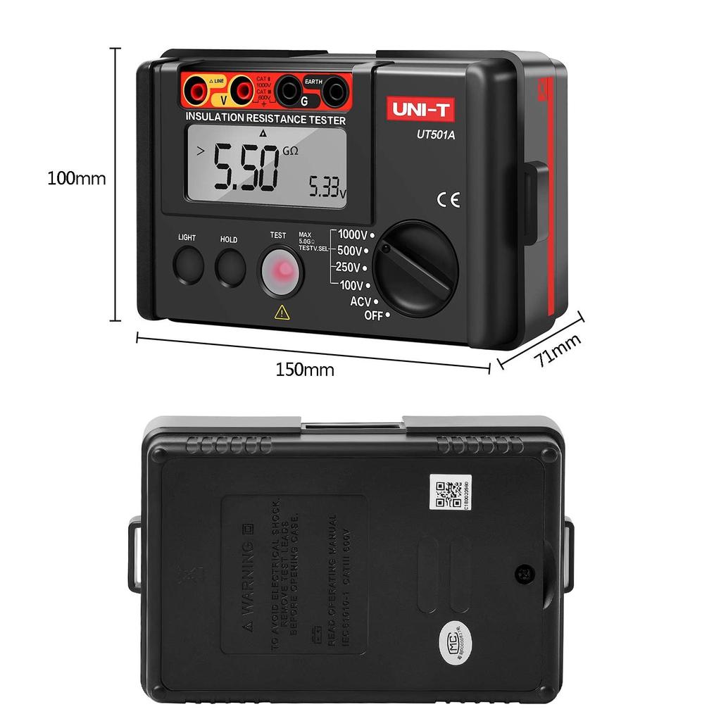 UNI-T Insulation Resistance Meter, Digital Megger, Insulation Tester with LCD Backlight, 100V/250V/500V/1000V, UT501A